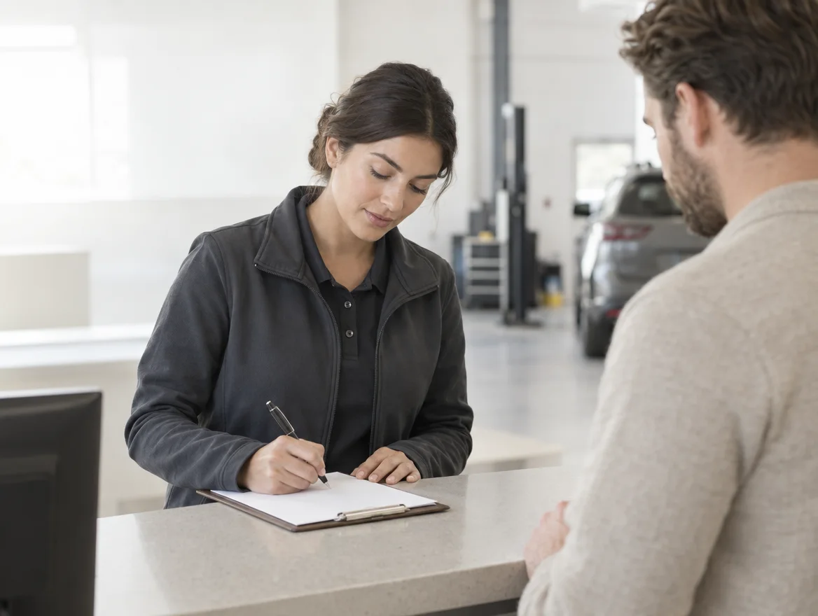 A service advisor at the dealership's service lane counter, writing up a customer's visit.