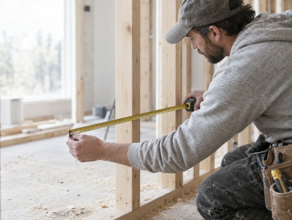 A carpenter measuring a framed wall on a residential job site.