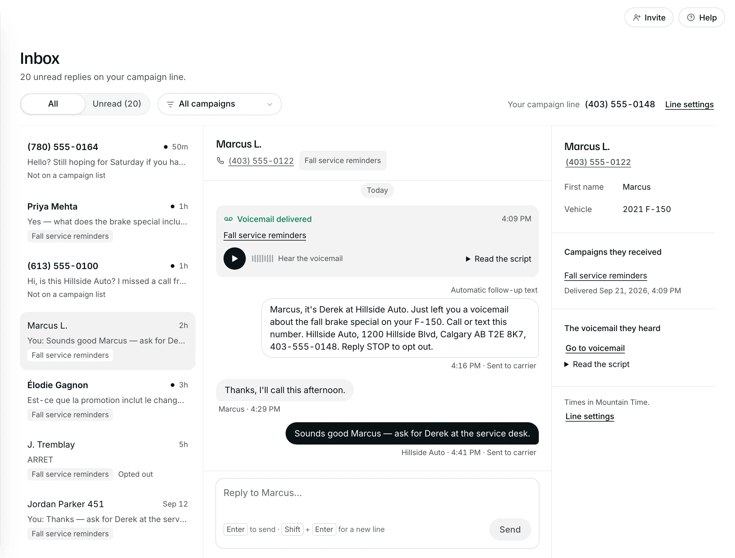 The Inbox: the conversation list on the left, Marcus L.’s conversation open in the middle with the delivered voicemail at its top, and who he is on the right.