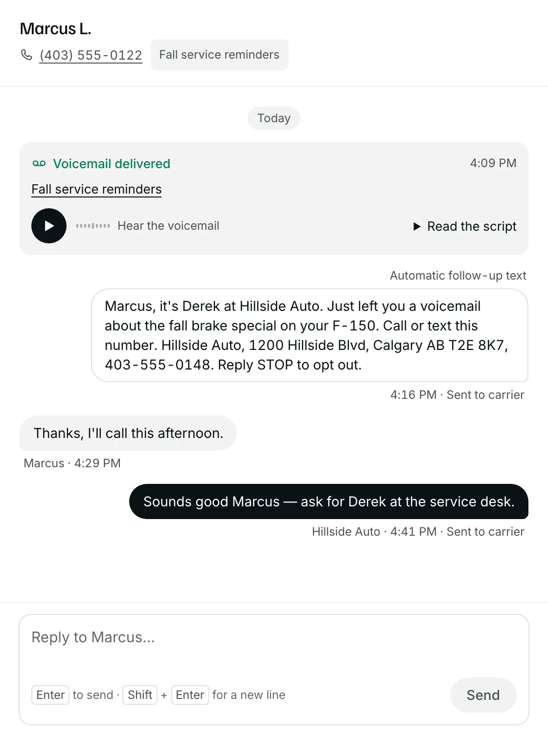 Marcus L.’s conversation in the Inbox: the delivered voicemail for Fall service reminders, the follow-up text, his reply, the business’s answer, and the reply box.