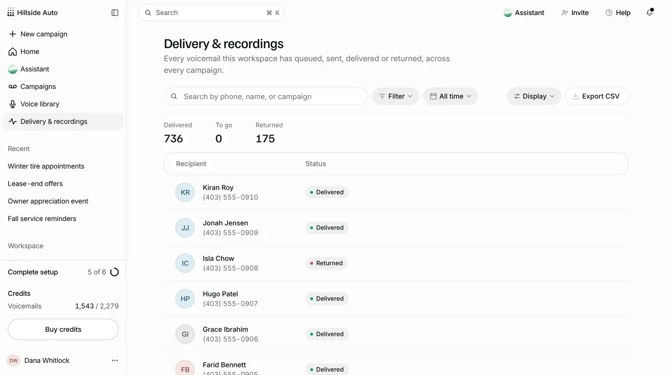 The dashboard’s Delivery and recordings page across every campaign: 736 delivered, none to go, 175 returned, over a list of recipients each marked Delivered or Returned.